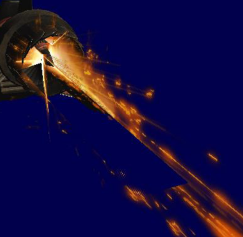 A close-up of the fire effect, where some planes are writing to the Z-buffer and causing fire that should be drawn behind it to get skipped instead
