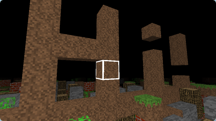 A screenshot of Minecraft4k, showing the word "Hi!" built out of dirt blocks.
