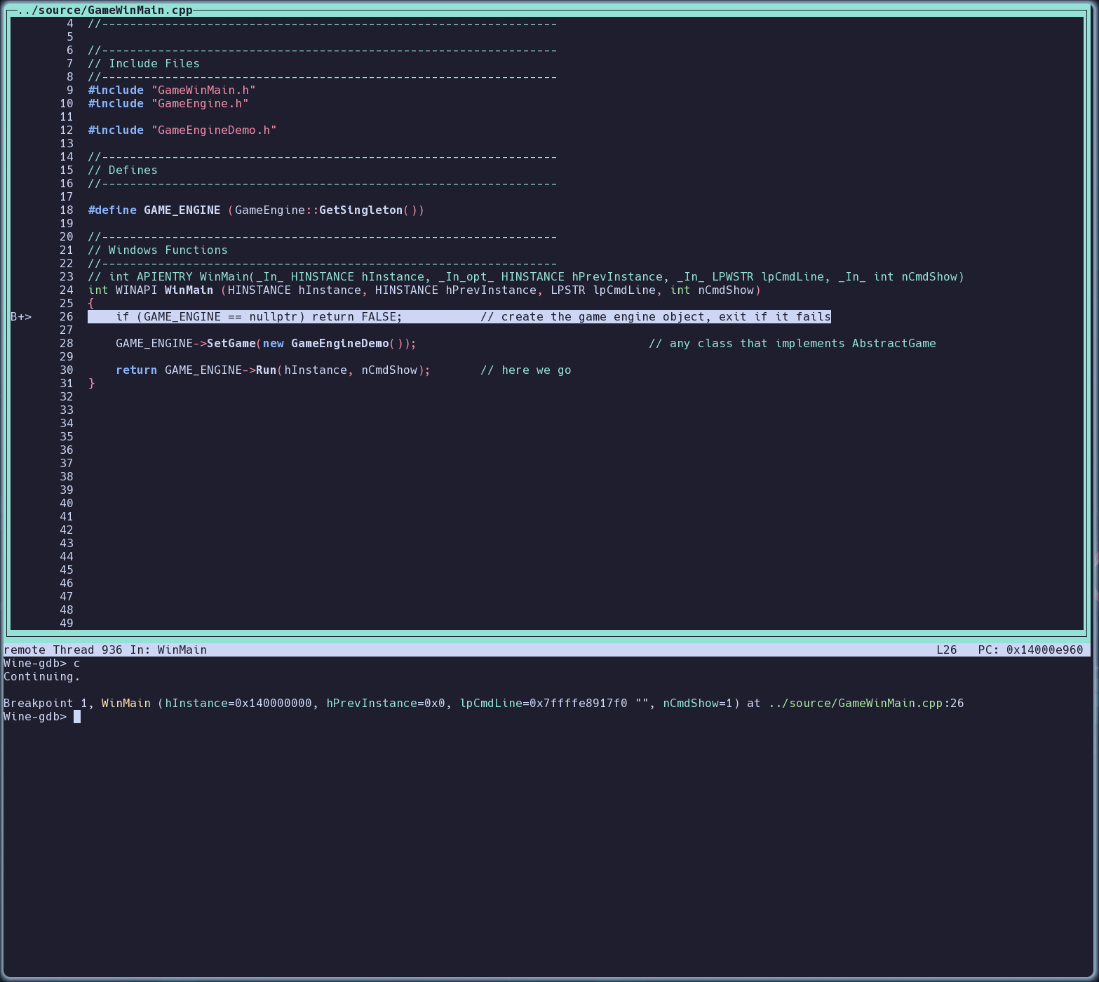 A screenshot of a gdb interface showing source code of a WinMain function which runs the game engine